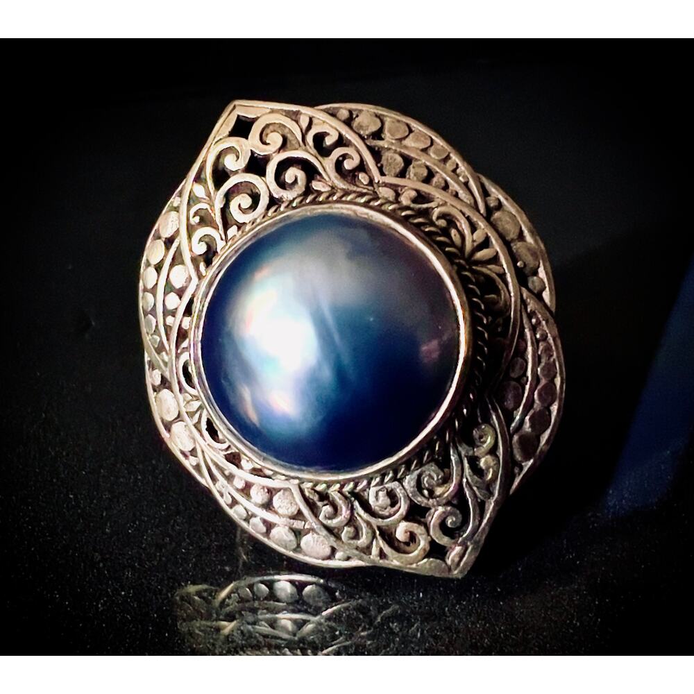 Large Vintage Mabe Pearl Bali Filigree Ring - Picture 10 of 11